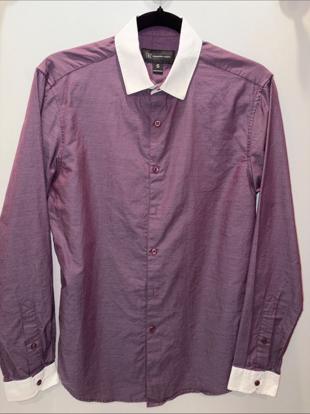 I-N-C Men's Purple Fitted Dress Shirt with White Contrast Collar and Cuffs
